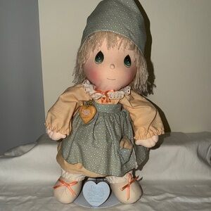 Vintage 1985 Precious Moments Doll w/Stand with Green and Beige Outfit